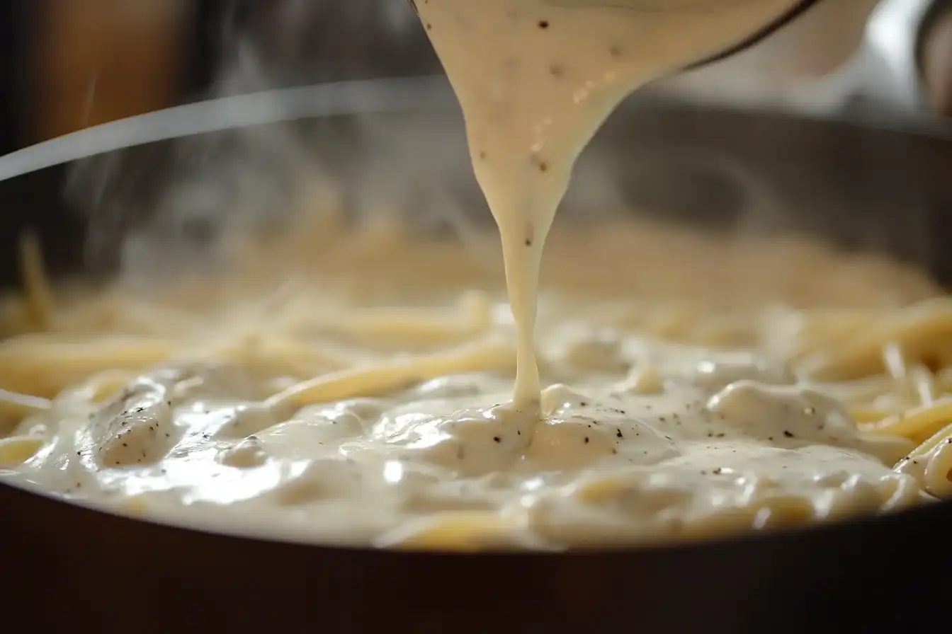 Steaming plate of creamy Alfredo Spaghetti garnished with parsley
