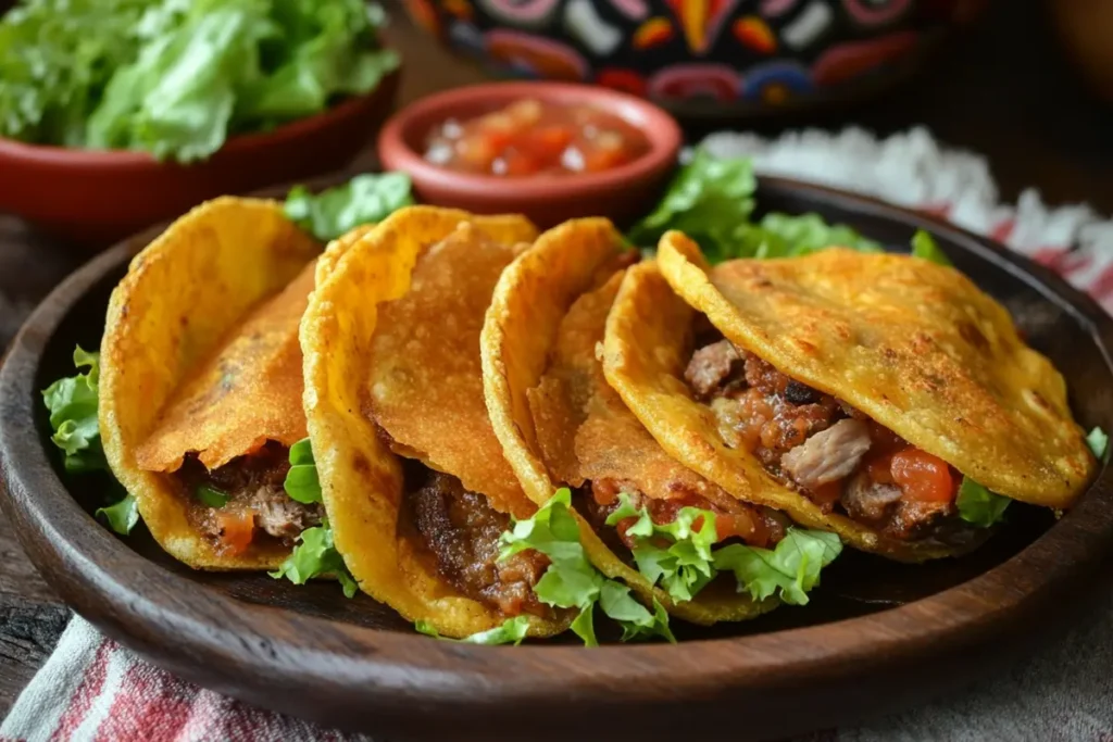 Close-up of authentic Mexican fried tacos with golden crispy shells filled with beef, fresh cilantro, and tomatoes on a rustic wooden plate.