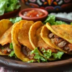 Close-up of authentic Mexican fried tacos with golden crispy shells filled with beef, fresh cilantro, and tomatoes on a rustic wooden plate.