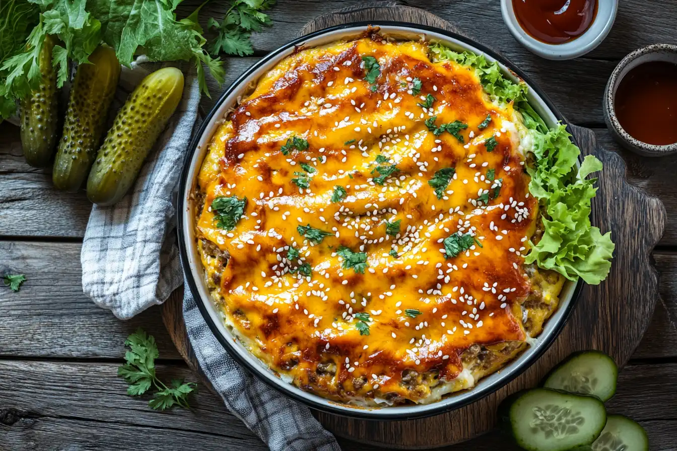 Golden Big Mac casserole with melted cheese, sesame seeds, and vibrant lettuce on a wooden table.