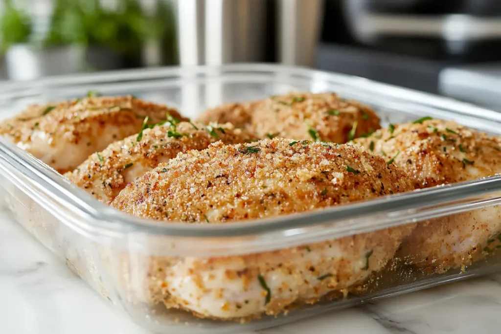 Parmesan crusted chicken on a baking sheet inside an oven during reheating.