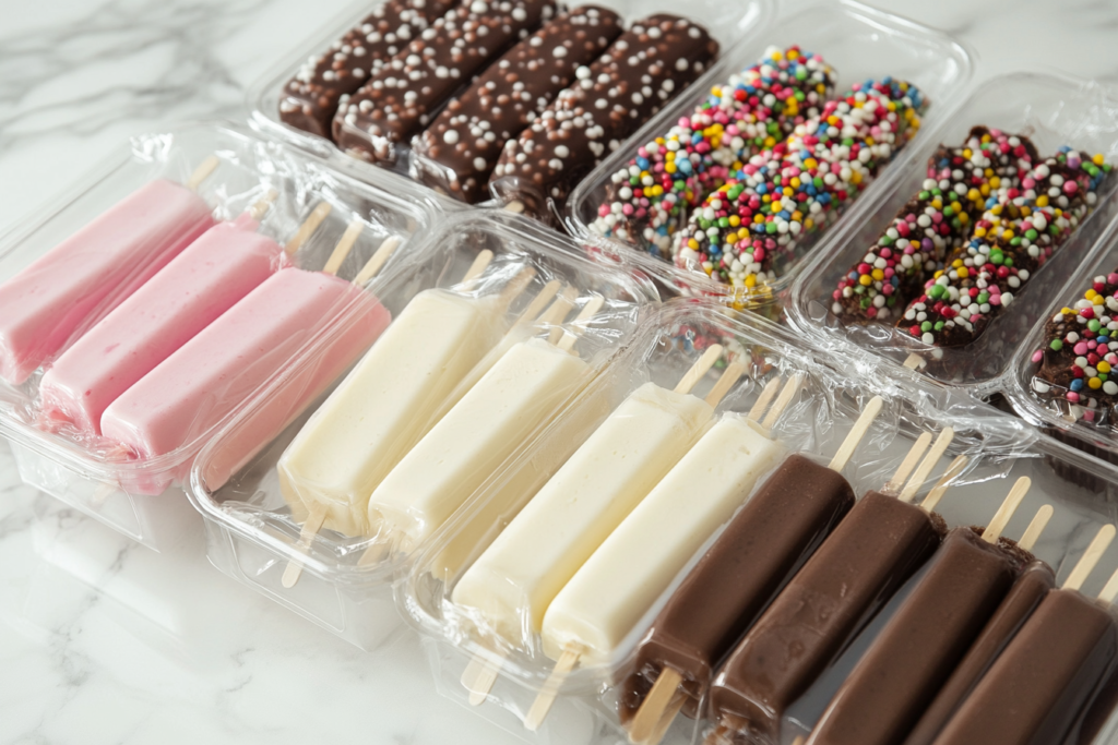 Cakesicles displayed on a wooden tray at room temperature.