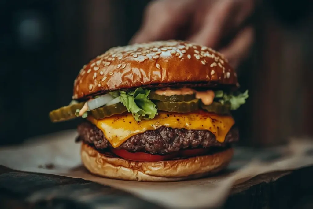 A homemade Poor Man’s Big Mac with two beef patties, lettuce, pickles, and Big Mac Sauce, served on a sesame seed bun.