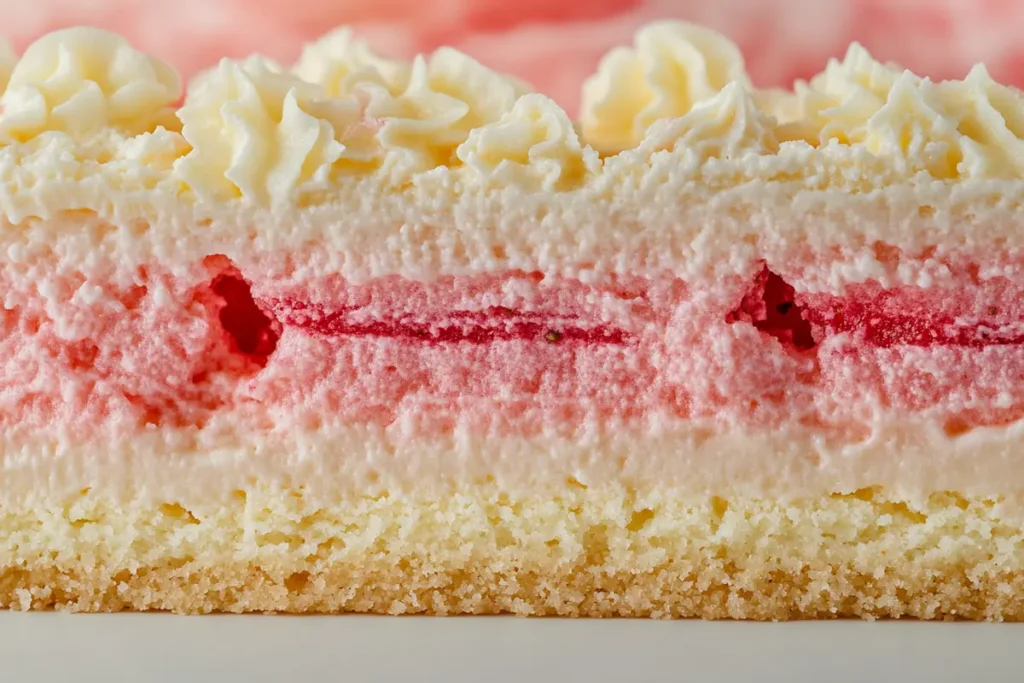 A close-up of a slice of strawberry crunch cheesecake showing the layers of crunchy crust, creamy filling, and strawberry topping.