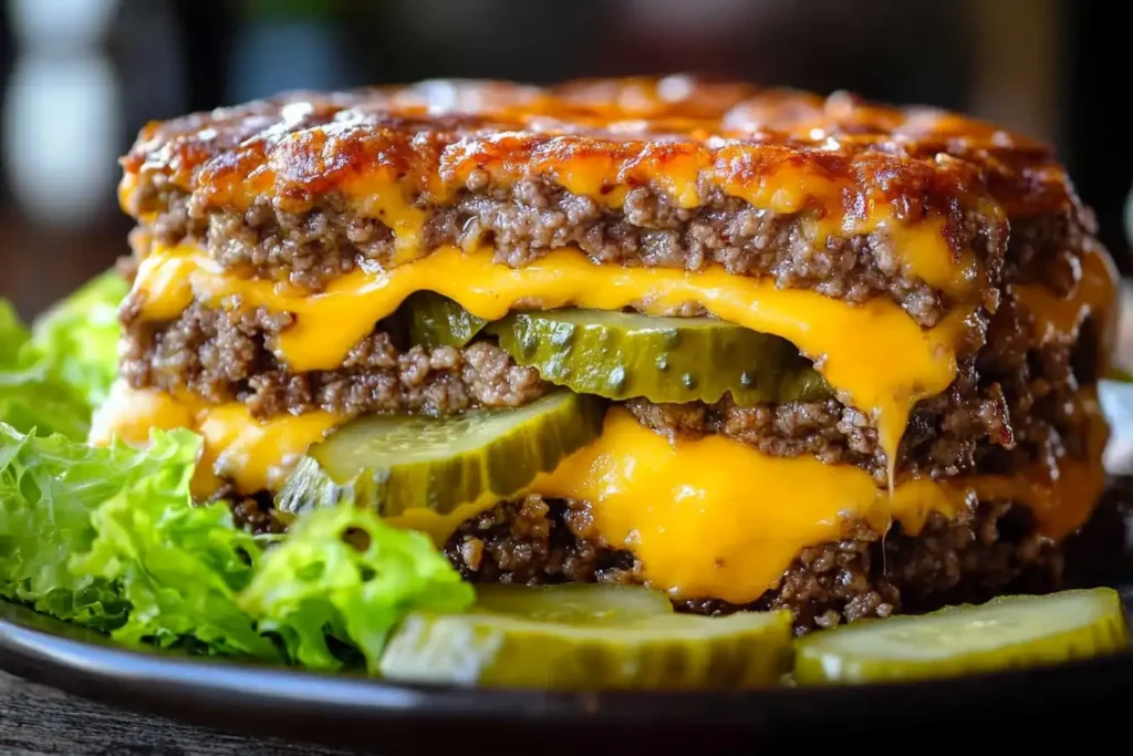 Ingredients for Big Mac casserole including ground beef, pickles, cheese, lettuce, and special sauce.