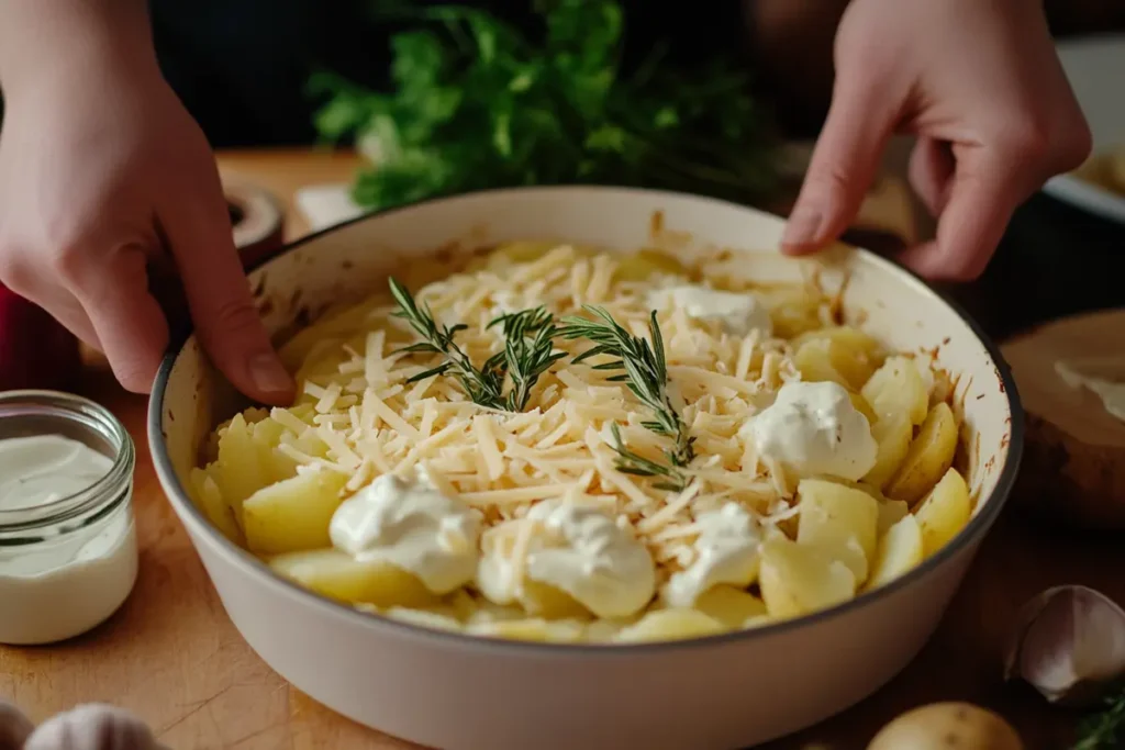 Hands layering thinly sliced potatoes with cream sauce and shredded cheese in a baking dish.