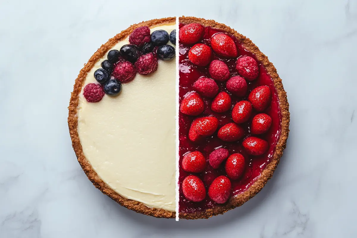 A split image showing a slice of baked cheesecake with a caramel topping and a slice of unbaked cheesecake topped with fresh berries.