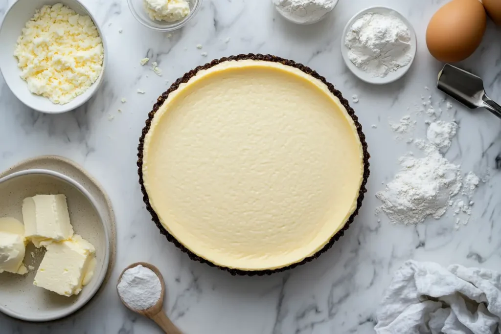 A springform pan wrapped in foil placed in a water bath inside an oven to bake a cheesecake.