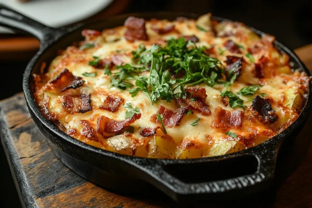 A rustic skillet filled with creamy, cheesy Mississippi mud potatoes topped with fresh herbs and bacon.