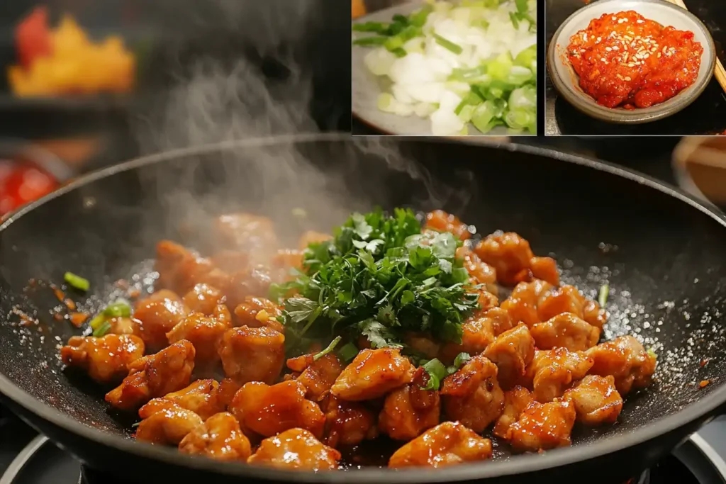 Chicken pieces being stir-fried in a wok with a rich, sweet, and spicy sauce.