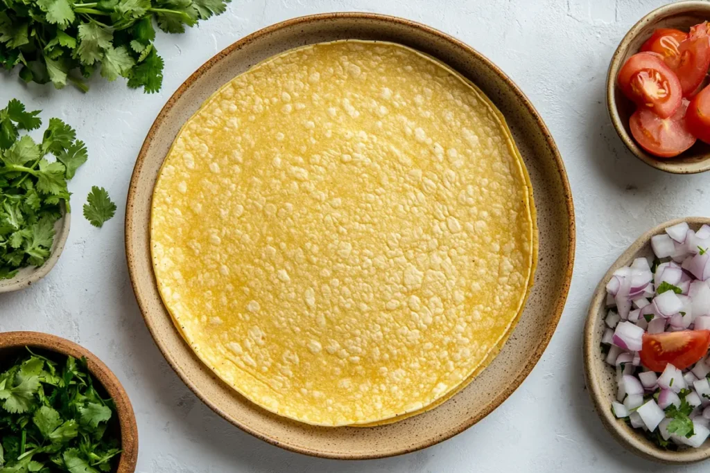 Step-by-step process of frying corn tortillas in a skillet to make crispy taco shells.