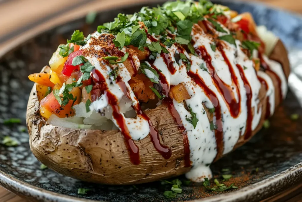 A baked potato topped with Greek yogurt, fresh herbs, and colorful vegetables on a rustic wooden table.