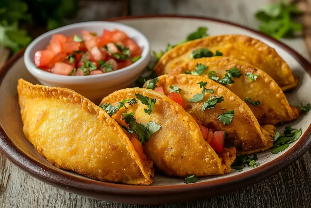 Golden crispy fried tacos garnished with fresh cilantro and diced tomatoes on a rustic wooden table.