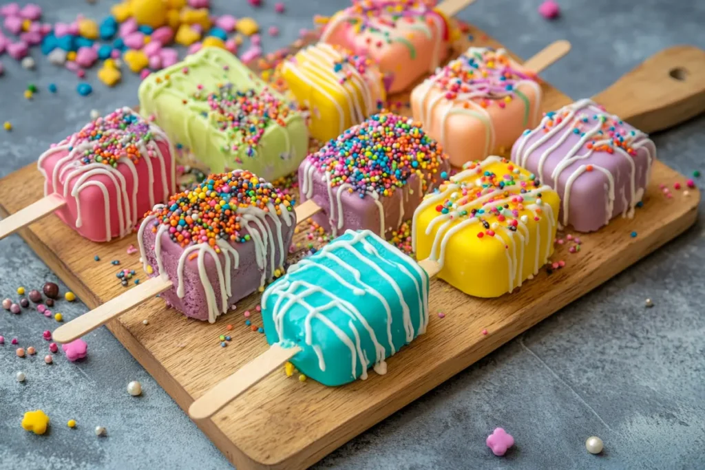 A variety of colorful cakesicles decorated with sprinkles, drizzles, and fondant accents.