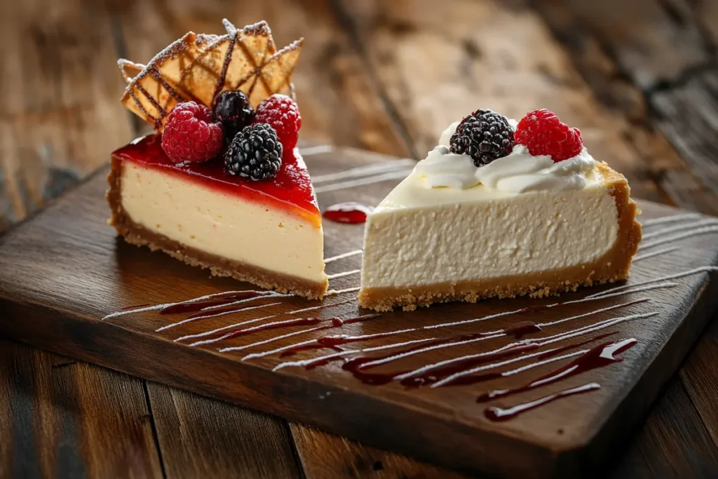 Slices of New York style cheesecake and regular cheesecake on a wooden plate, garnished with berries and cream.