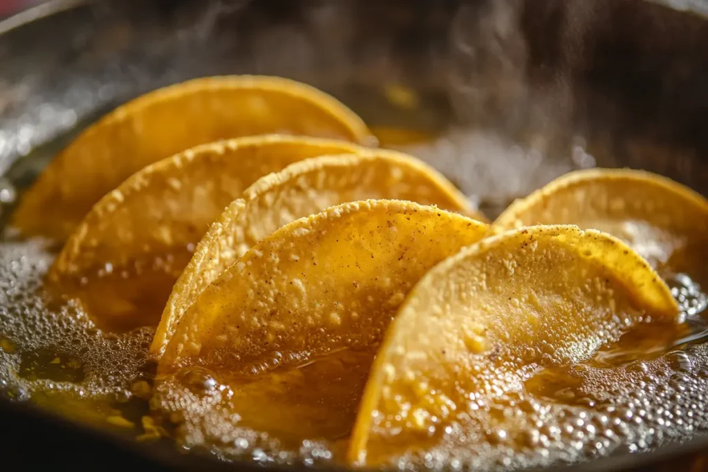 Tacos frying in hot oil in a pan, with bubbles surrounding the shells.