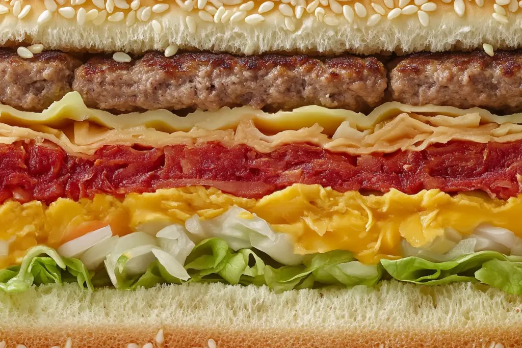 A freshly assembled Big Mac showcasing its layers of sesame bun, patties, lettuce, cheese, and special sauce, placed on a rustic A close-up view of a Big Mac cross-section highlighting its sesame bun, two beef patties, lettuce, pickles, onions, cheese, and special sauce.A close-up view of a Big Mac cross-section highlighting its sesame bun, two beef patties, lettuce, pickles, onions, cheese, and special sauce.