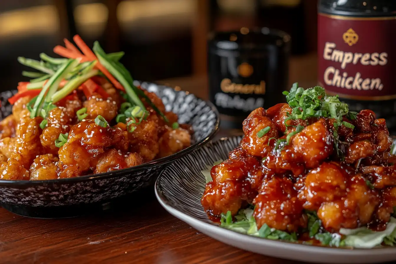 Side-by-side plates of Empress Chicken and General Tso's Chicken with vibrant garnishes.