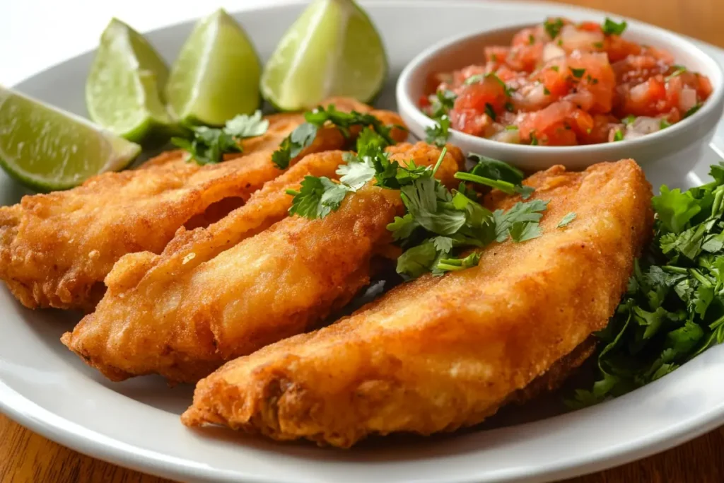 A plate of crispy fried tacos garnished with cilantro, lime wedges, and a side of salsa.