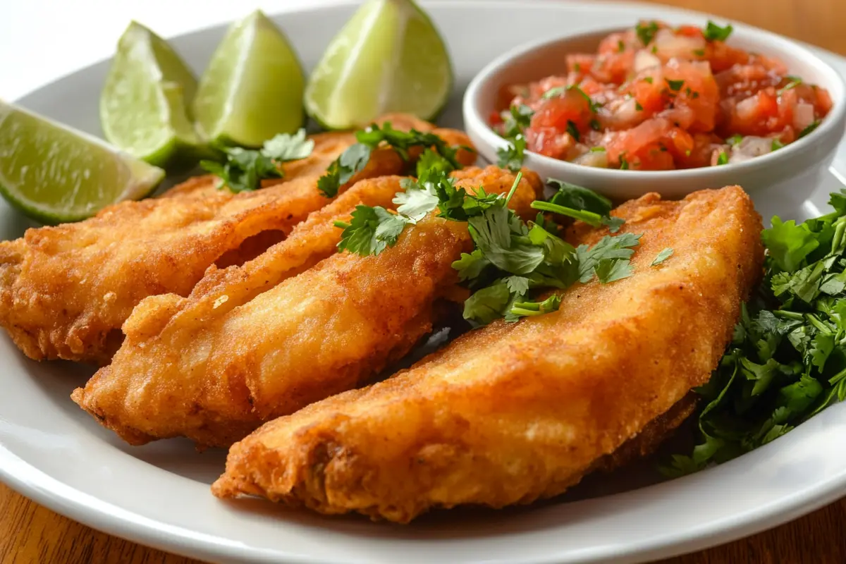 A plate of crispy fried tacos garnished with cilantro, lime wedges, and a side of salsa.