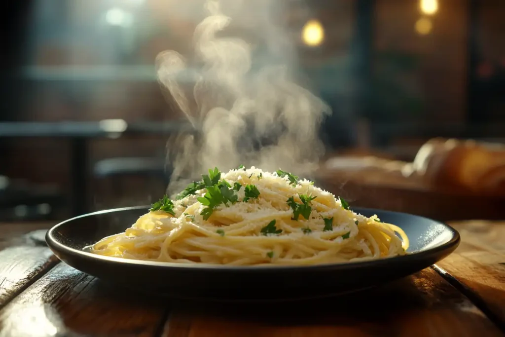 A plate of creamy spaghetti Alfredo garnished with parsley and parmesan cheese on a rustic wooden table.