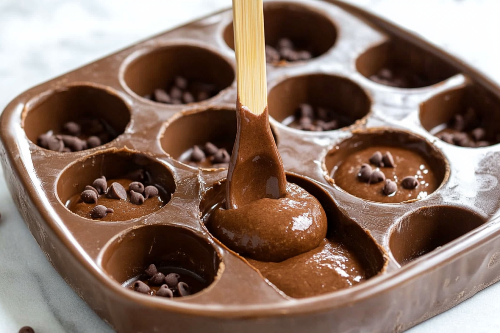 A cakesicle mold being filled with chocolate and cake mixture, showing the production process in detail.
