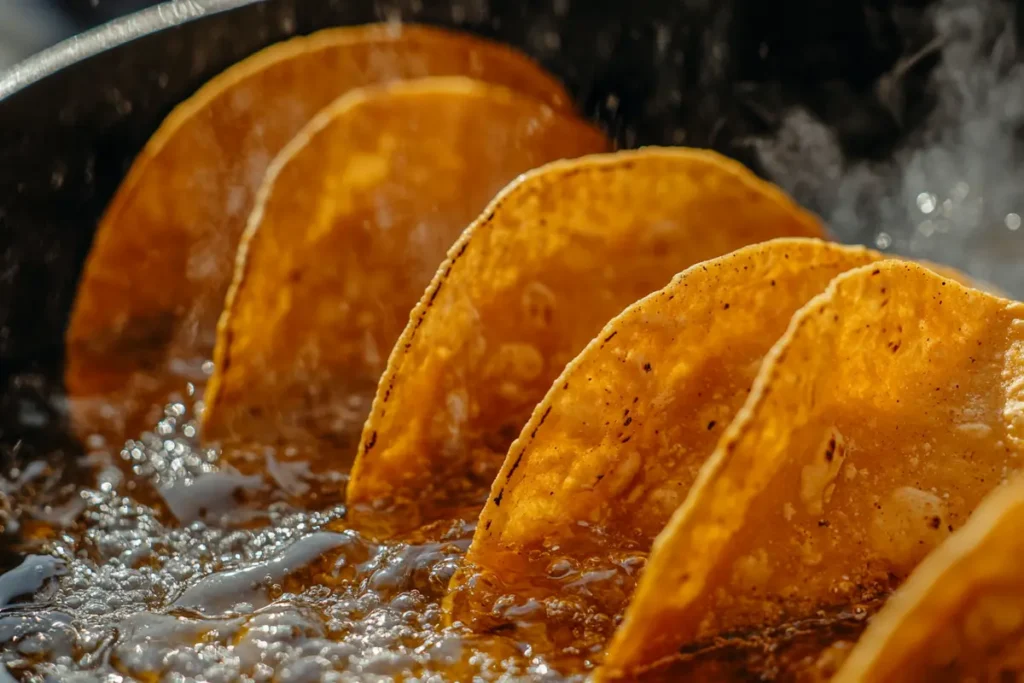 Tacos frying in a skillet with bubbling oil, showing the tortillas turning golden brown.