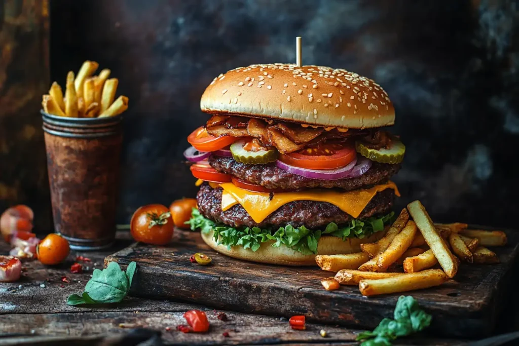 A freshly assembled Big Mac showcasing its layers of sesame bun, patties, lettuce, cheese, and special sauce, placed on a rustic wooden table with fries and a drink.