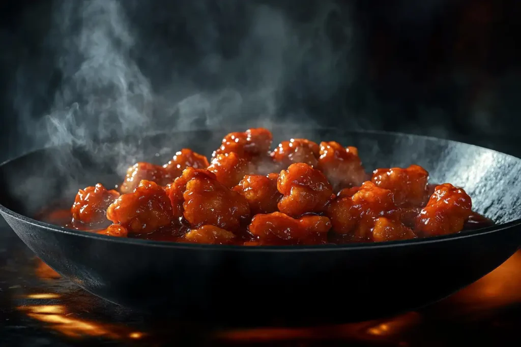 Chicken pieces being coated in a glossy, tangy sauce in a wok for General Tso's Chicken.