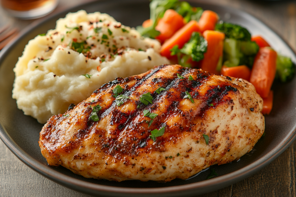 A plate of Longhorn Steakhouse Parmesan Crusted Chicken served with fresh vegetables and mashed potatoes.