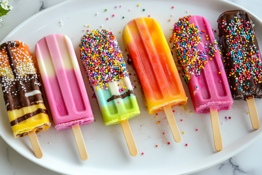 A comparison of cake pops and cakesicles placed on a white plate, with colorful decorations such as sprinkles and chocolate drizzle.
