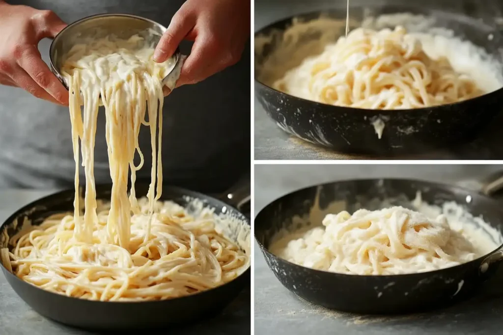 Step-by-step process of tossing spaghetti with Alfredo sauce in a skillet.