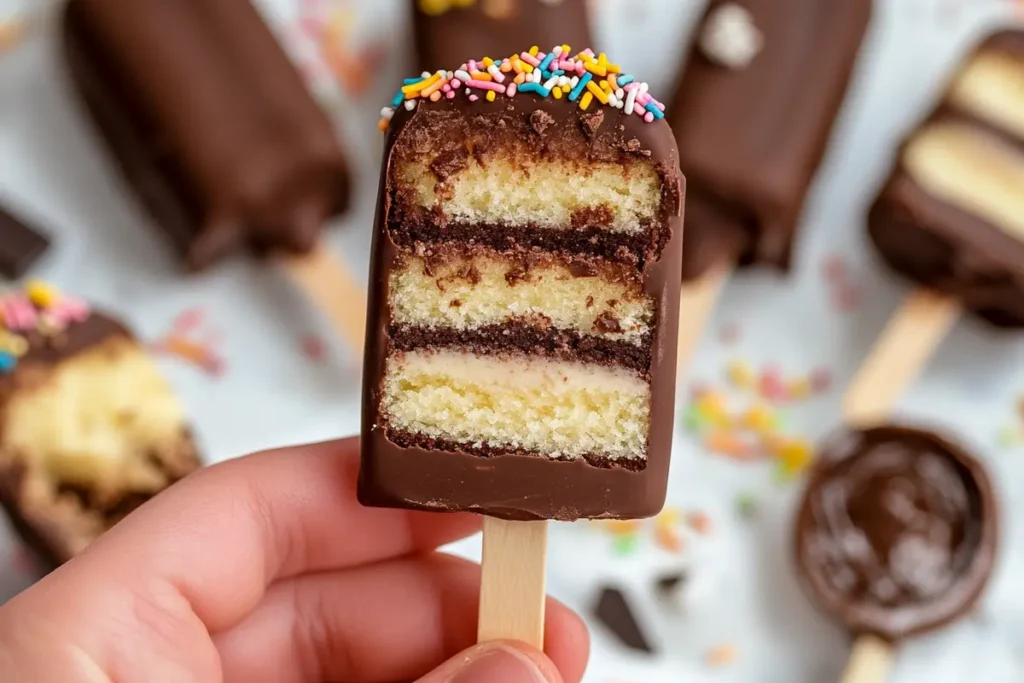 A close-up of a hand holding a chocolate-dipped cakesicle with visible cake layers inside, surrounded by colorful sprinkles.