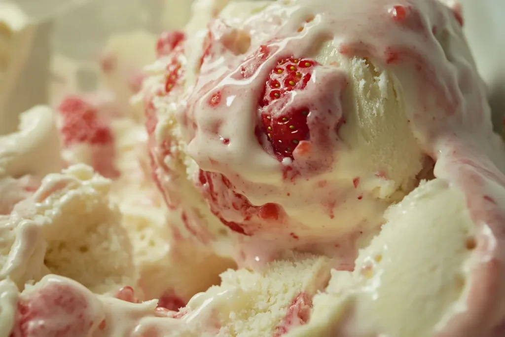 A scoop of Baskin-Robbins strawberry cheesecake ice cream with visible cheesecake chunks and strawberry swirls.