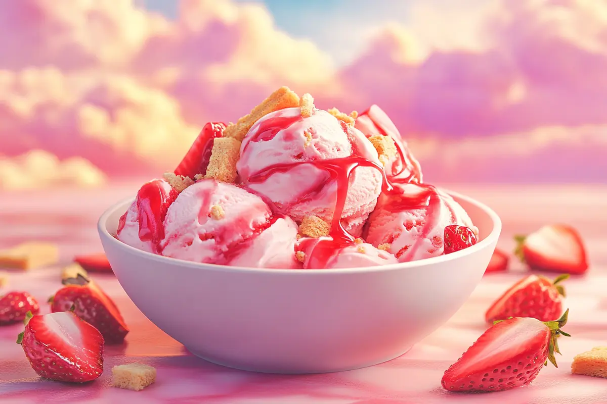 A bowl of strawberry cheesecake ice cream featuring swirls of strawberry sauce, chunks of cheesecake, and graham cracker crumbles.