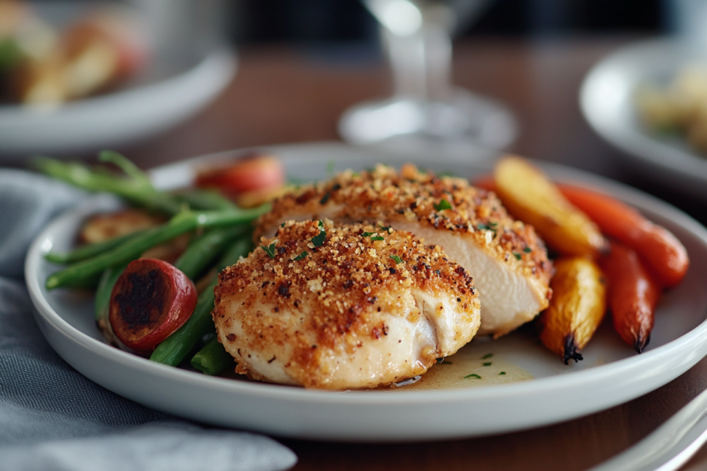 A plate of Parmesan Crusted Chicken with a golden crust, served with steamed broccoli and carrots, garnished with fresh herbs.