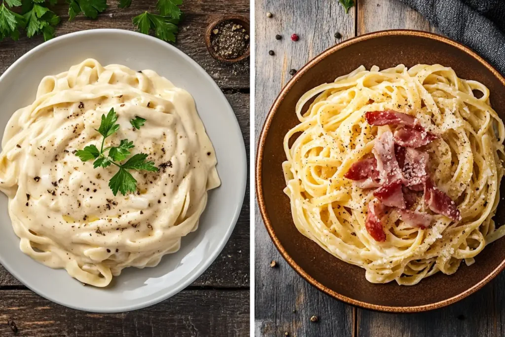 A split image showing creamy Alfredo sauce on fettuccine and rich Carbonara sauce with guanciale and spaghetti.