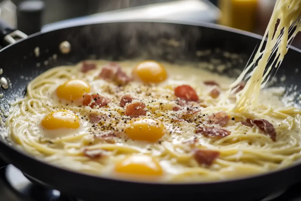 Side-by-side comparison of Alfredo ingredients (butter, cream, Parmesan) and Carbonara ingredients (eggs, Pecorino, guanciale).