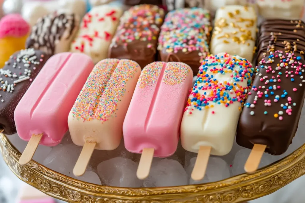 A vibrant assortment of cakesicles arranged on a platter, showcasing various flavors like chocolate, funfetti, and strawberry shortcake.