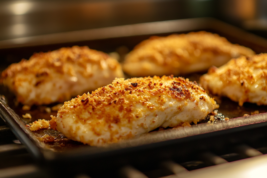 Close-up of keto-friendly Parmesan Crusted Chicken being coated with a mixture of crushed pork rinds and Parmesan cheese.