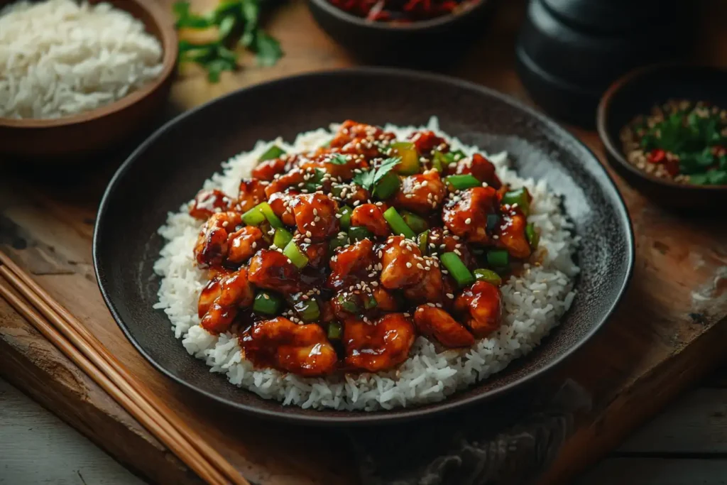 Emperor's Chicken served on a white plate with glossy sauce, colorful steamed vegetables, and sesame seed garnish.