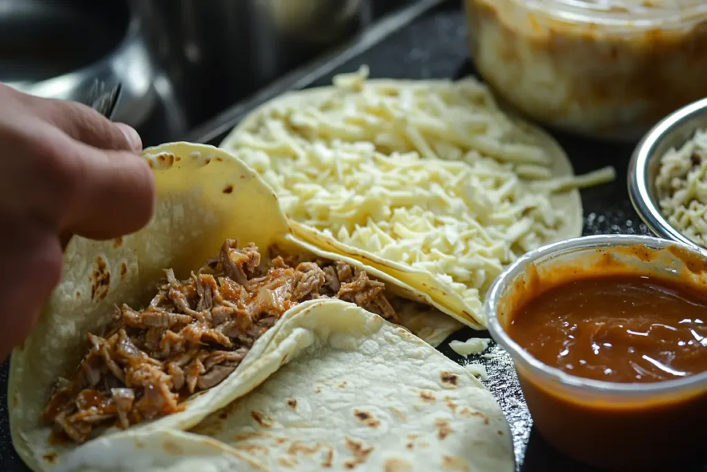 The process of frying tacos in a skillet, with golden tortillas filled with meat and cheese.