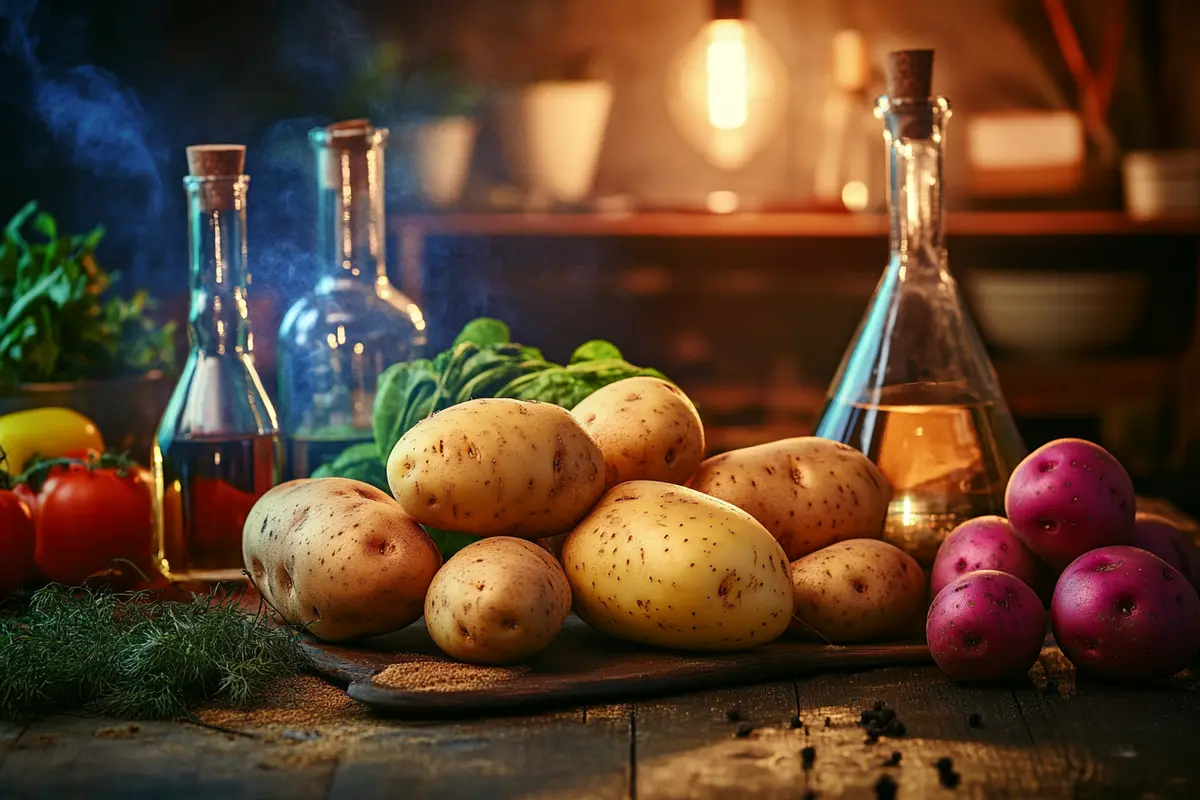 A variety of creative potato uses displayed, including food dishes, biodegradable products, and DIY crafts.