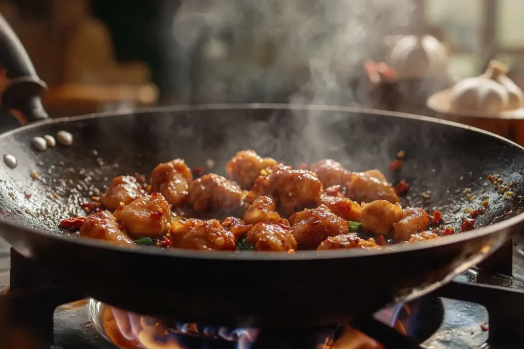 A collage showing the preparation of Emperor’s Chicken, including marinated chicken, stir-frying in a wok, and the final dish presentation.