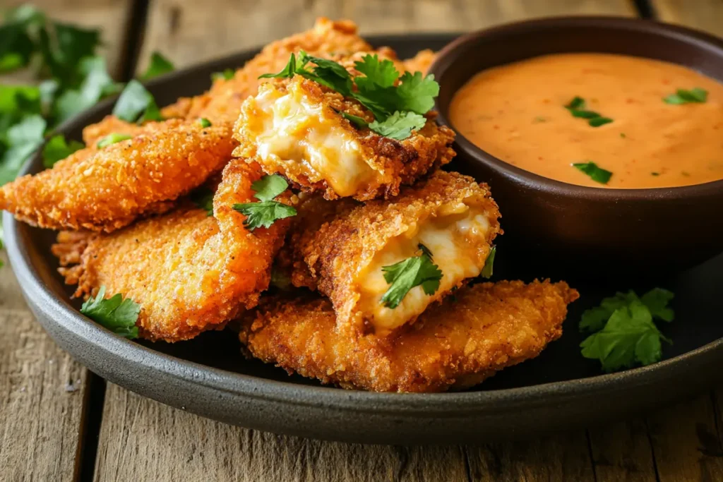 A plate of crispy fried tacos with melted cheese, fresh cilantro, and a bowl of consommé for dipping.
