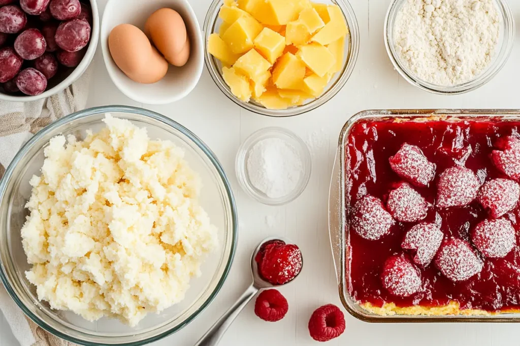 A step-by-step collage showing the layering process of a dump cake, including fruit, cake mix, and butter slices.