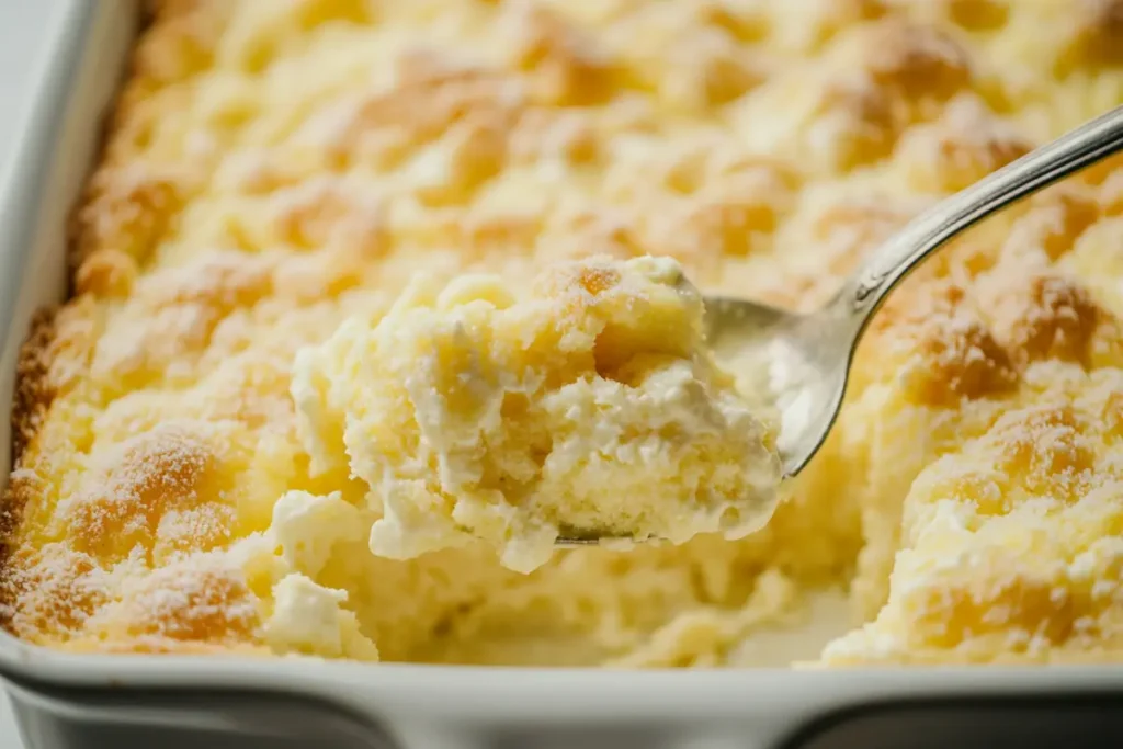 A spoon scooping a portion of lemon cream cheese dump cake, revealing its creamy layers and crumbly top.