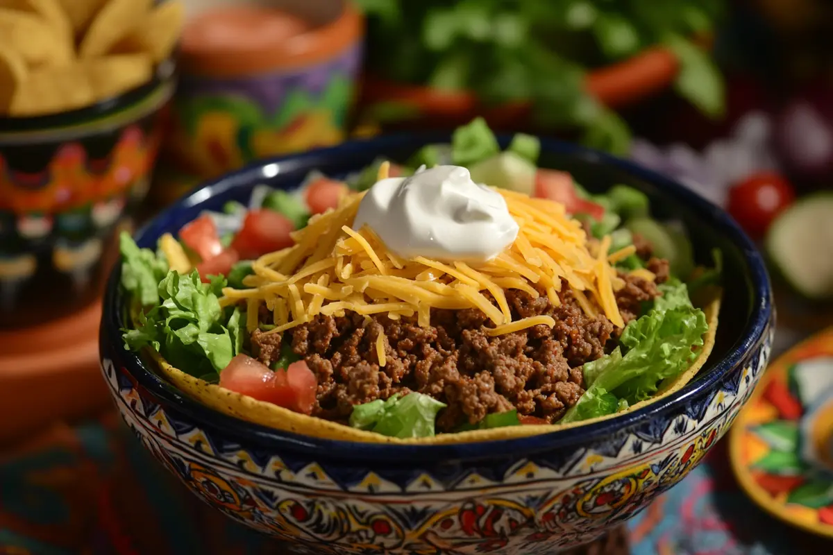 A crispy taco shell filled with seasoned beef, lettuce, tomatoes, cheddar cheese, and sour cream, with festive Mexican decorations.