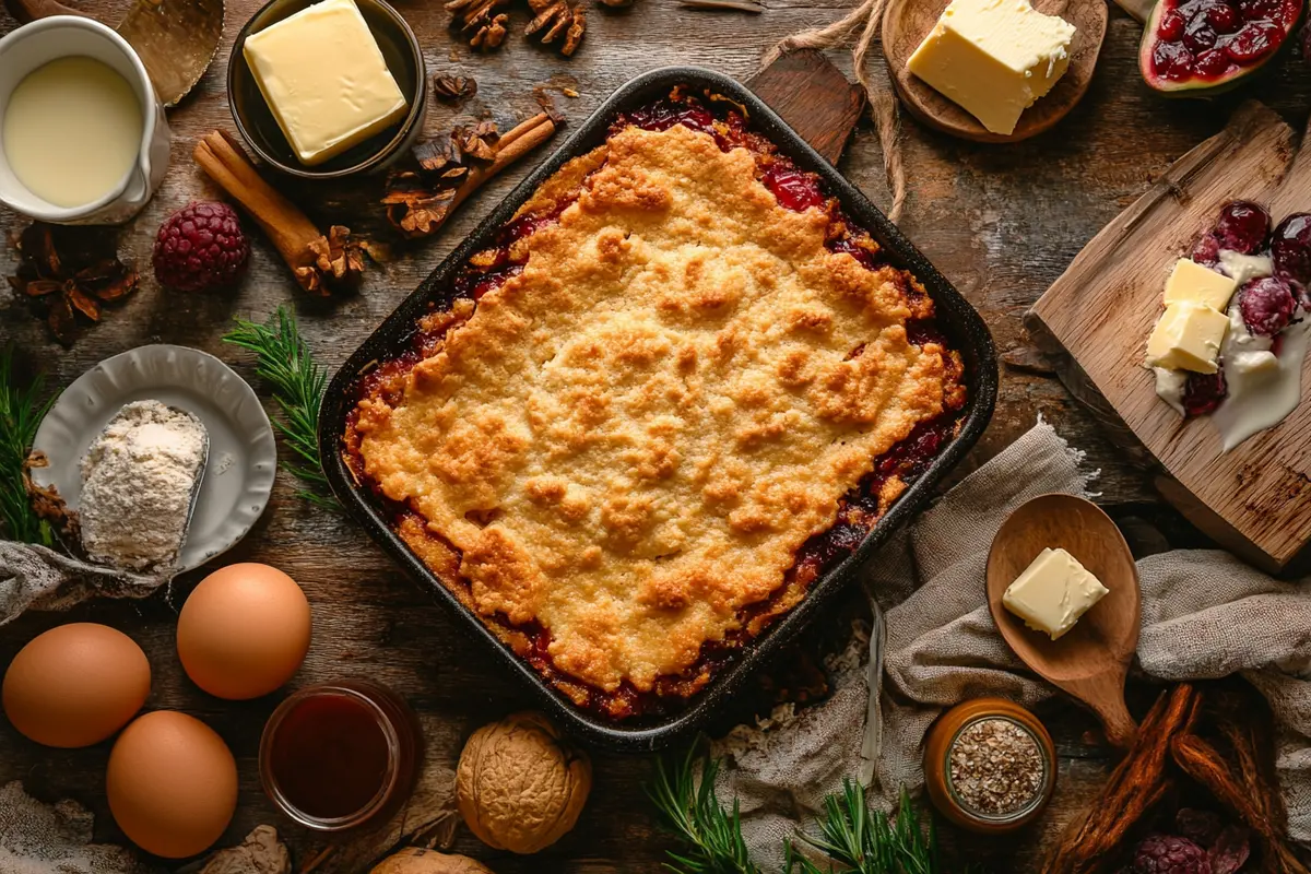 A freshly baked dump cake with a golden-brown topping, placed on a rustic wooden table surrounded by ingredients like canned fruit and butter.