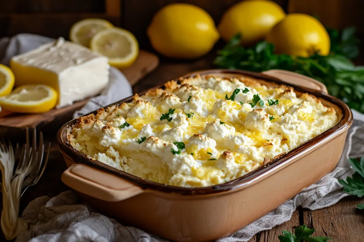 Freshly baked lemon cream cheese dump cake in a dish, garnished with lemon slices and served on a rustic wooden table.